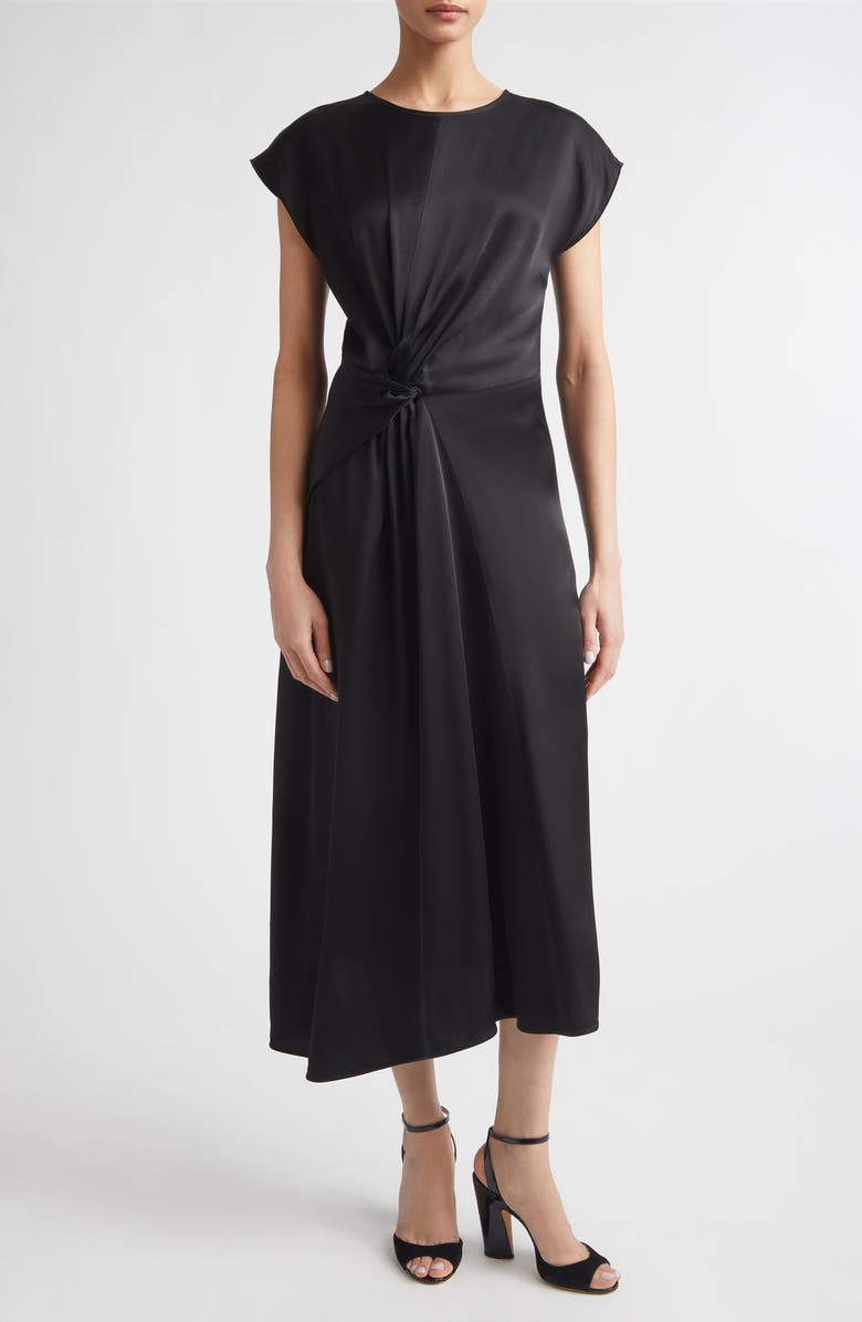 Victoria Beckham Twist Shoulder Asymmetric Satin Midi Dress, Main, color, Black