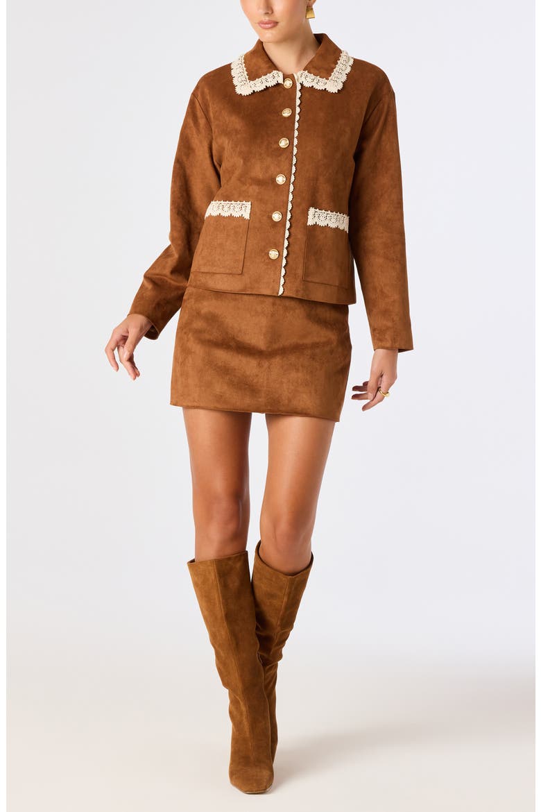 Gavriella Lace Trim Faux Suede Jacket, Alternate, color, CAMEL