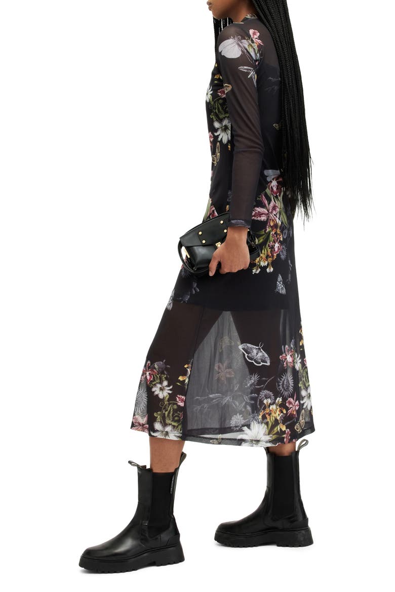 Hanna Sanibel Floral Print Long Sleeve Mesh Maxi Dress, Alternate, color, BLACK