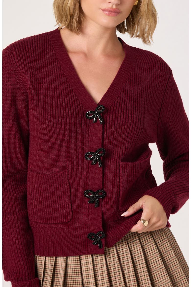Crystal Embellished Bow Detail Cardigan, Alternate, color, BURGUNDY