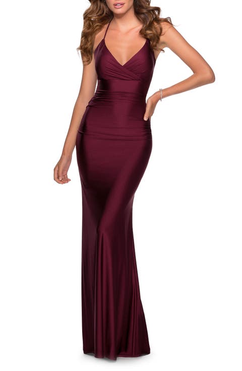 Empire Waist Dress with Ruching and Lace Up Back