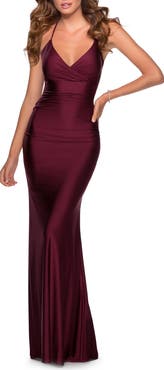 La Femme Empire Waist Dress with Ruching and Lace Up Back
