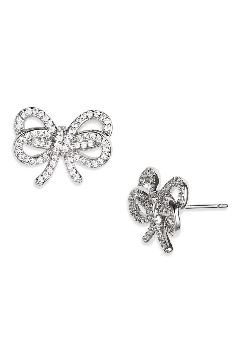 bow meets girl pavé stud earrings, Main, color, CLEAR/ SILVER.