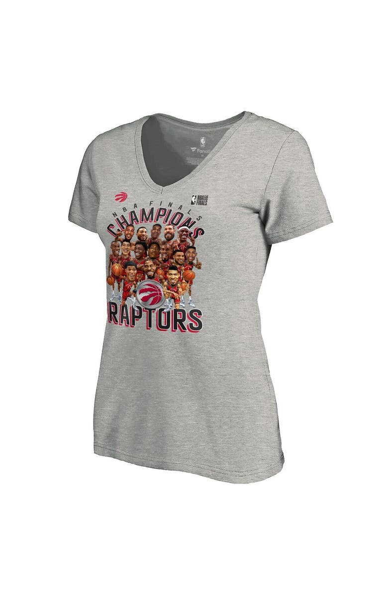 FANATICS Women's Fanatics Branded Heather Charcoal Toronto Raptors 2019 NBA Finals Champions Caricature Roster V-Neck T-Shirt, Alternate, color, 