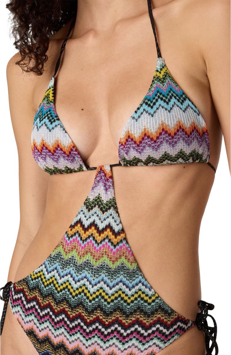 Missoni Trikini In Lamé Viscose With Pixel-effect Zigzag Pattern, Alternate, color, Black & Multicoloured