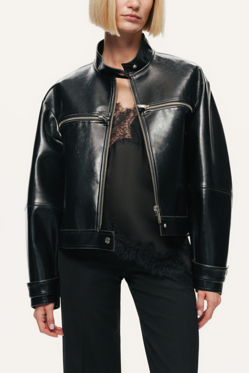 Nocturne Cropped Faux Leather Biker Jacket In Black
