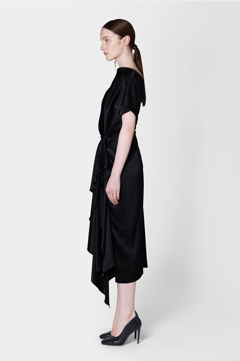 Satin Draped Zoa Midi Dress, Alternate, color, Black