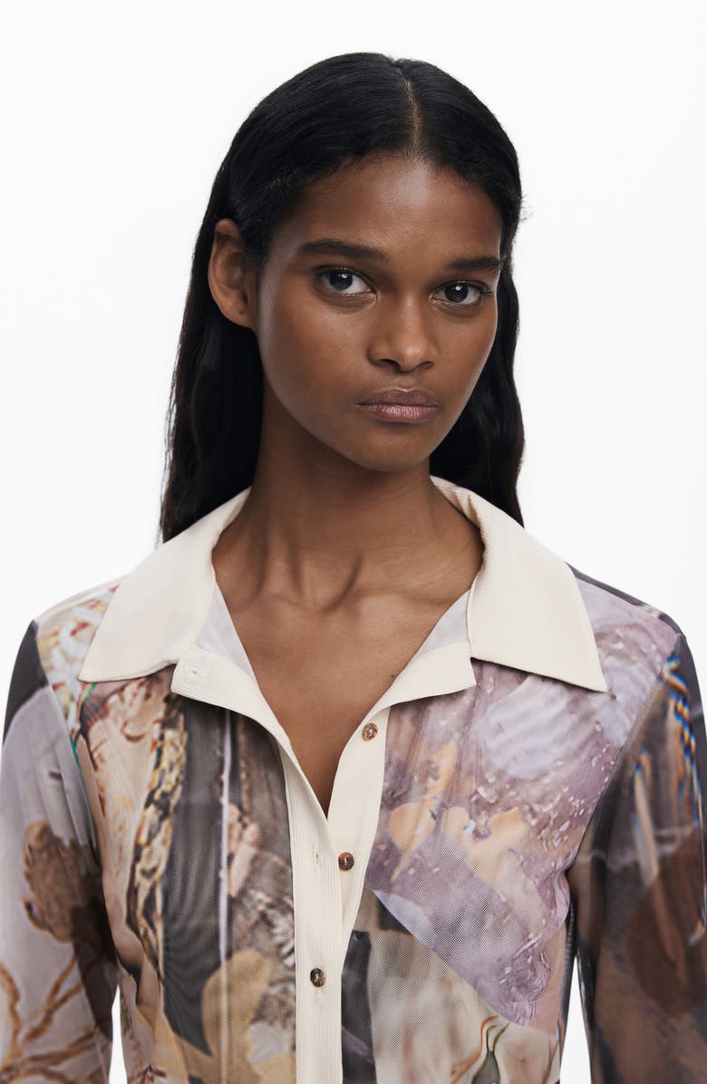 Desigual Rib Trim Mesh Button-Up Shirt, Alternate, color,