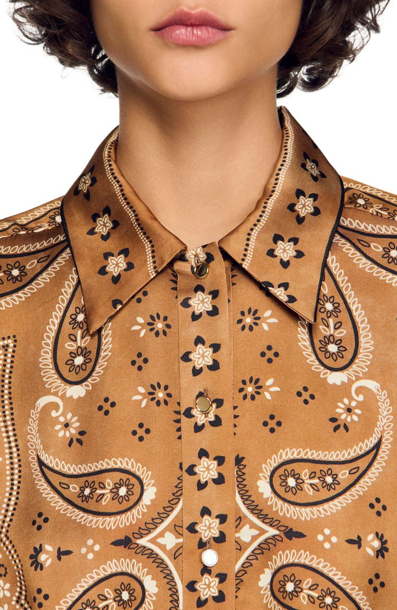 SANDRO Bandana print cropped shirt, Alternate, color, Brown / Black