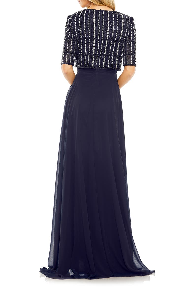 Fully Beaded 3/4 Sleeves Top Chiffon Gown, Alternate, color, MIDNIGHT