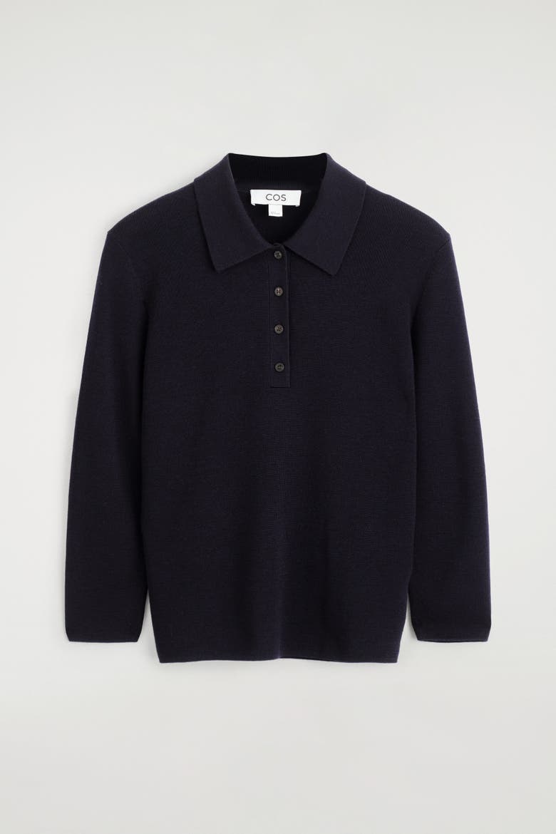 Cropped-sleeve Merino Wool Polo Shirt, Alternate, color, NAVY