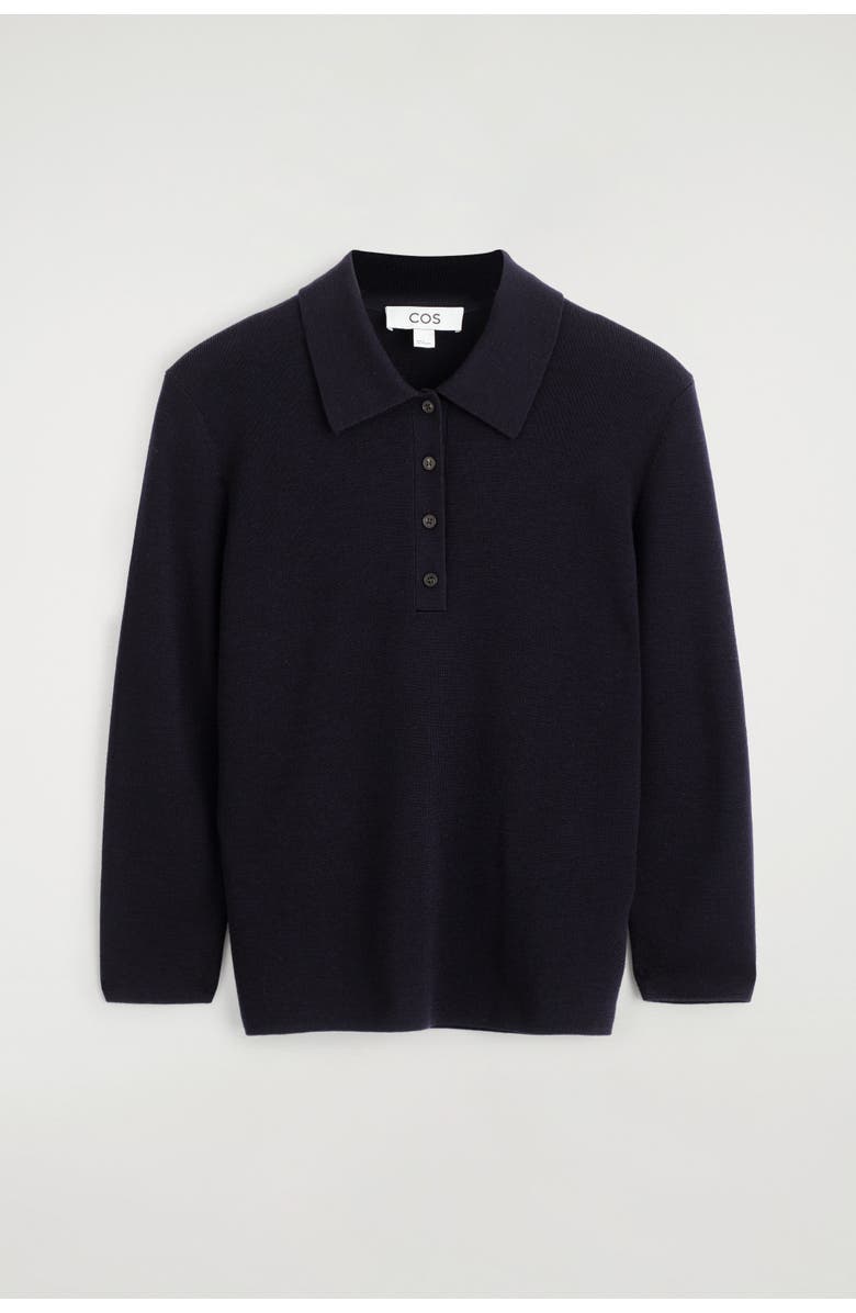 COS Cropped-sleeve Merino Wool Polo Shirt, Alternate, color, Navy