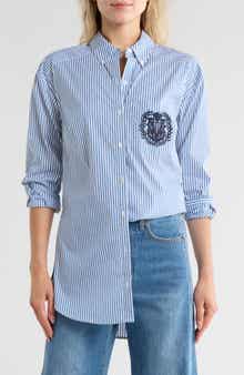 Veronica Beard Lloyd Stripe Crest Embroidered Button-Down Shirt