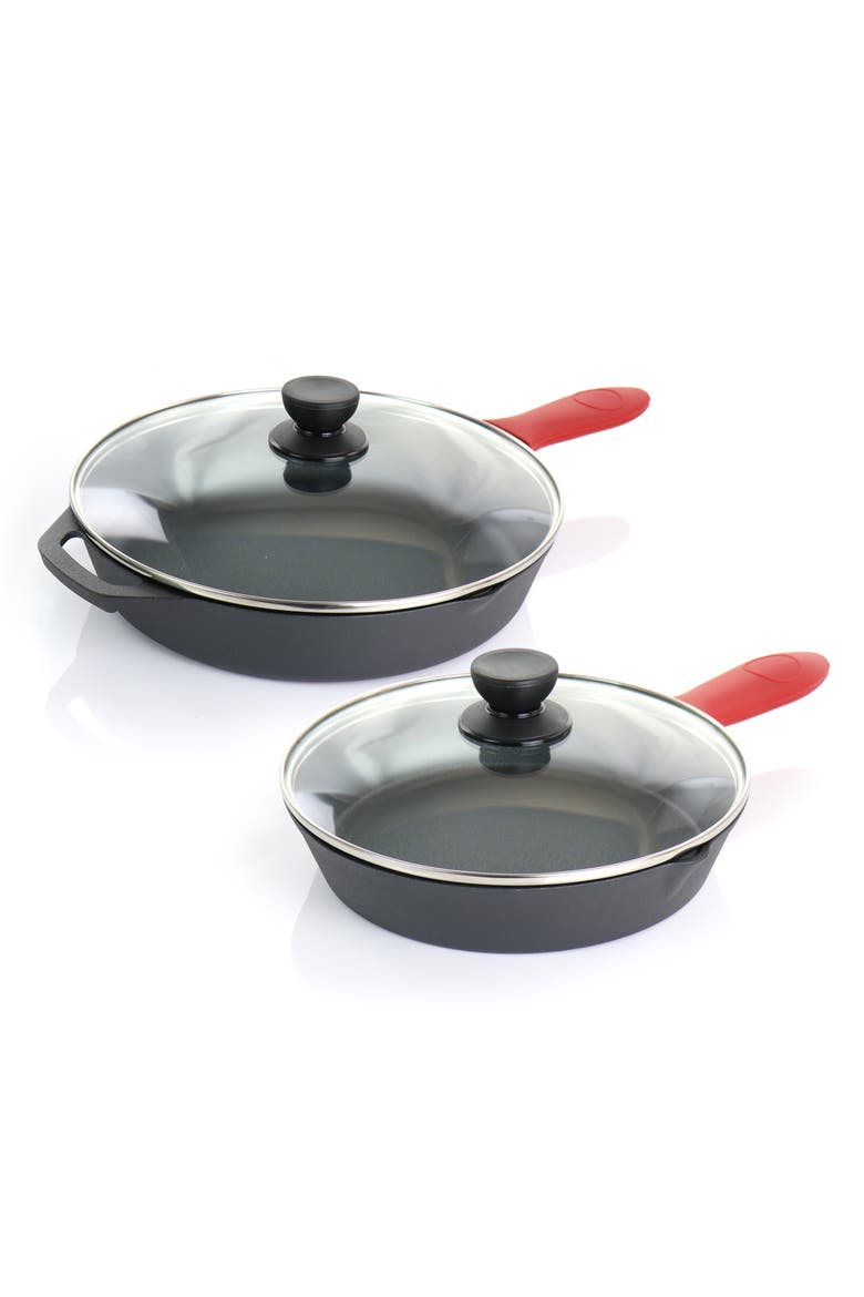 Pre-Seasoned 6 Piece Cast Iron Skillet Set with Lids and Silicone Holders, Alternate, color, Black