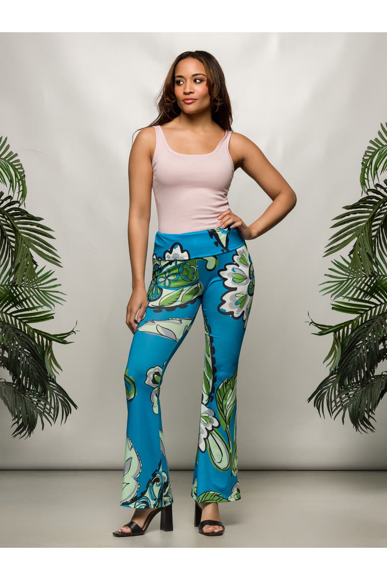 Teal Paisley Print Bell Bottom Foldover Waist Pants, Alternate, color, Blue Multi