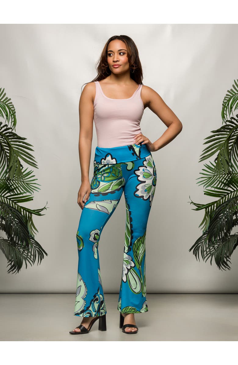 24seven Comfort Apparel Teal Paisley Print Bell Bottom Foldover Waist Pants, Alternate, color, Blue Multi