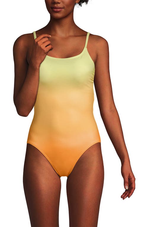 Shop Lands' End Chlorine Resistant Scoop Neck High Leg Tugless Tank Thin Strap One Piece Swimsuit Adjusta In Icy Mint/orange Ombre