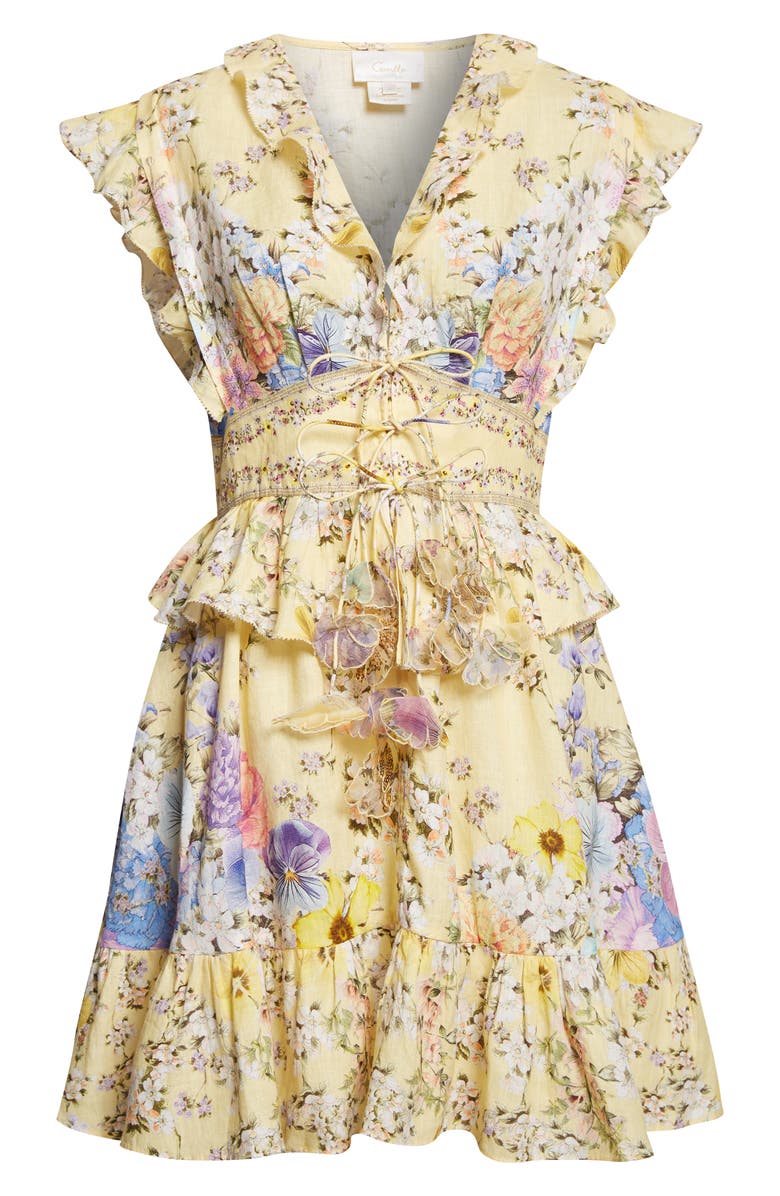 Camilla Darling Buds Ruffle Waisted Linen Minidress, Main, color, Darling Buds