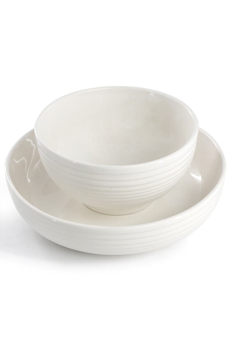 Nikki 18 Piece Ribbed White Porcelain Dinnerware and Serving Bowl Set, Alternate, color, White