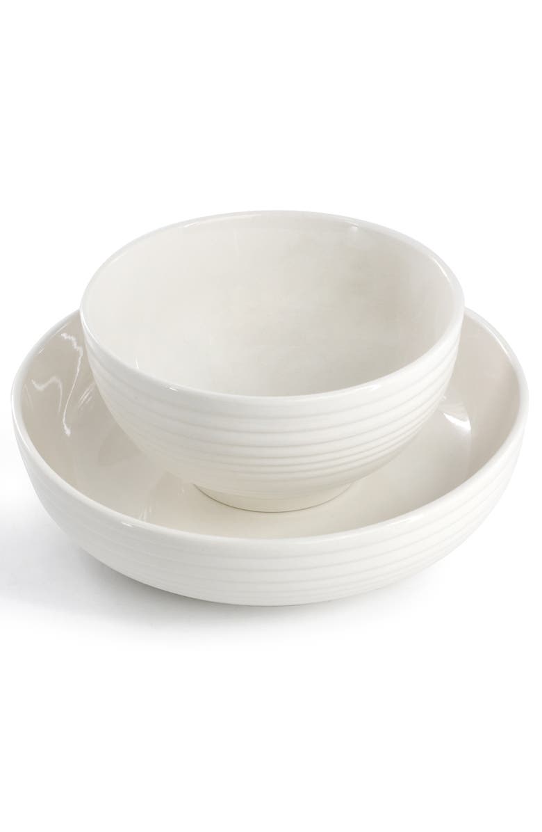Elama Nikki 18 Piece Ribbed White Porcelain Dinnerware and Serving Bowl Set, Alternate, color, White