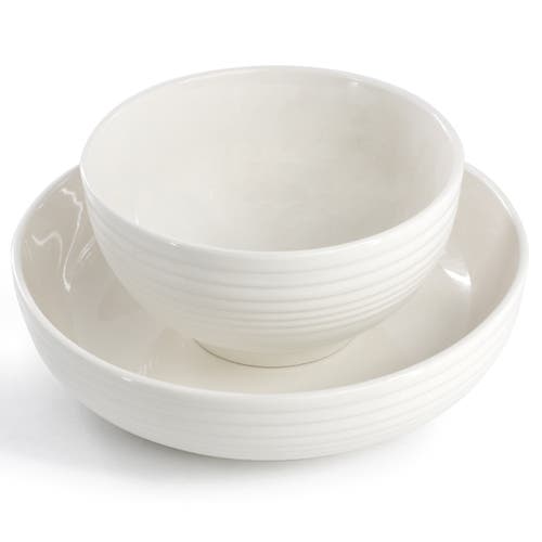 Elama Nikki 18 Piece Ribbed White Porcelain Dinnerware And Serving Bowl Set In White