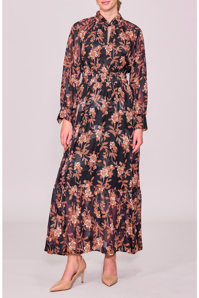 Twist Neck Long Sleeve Maxi Dress, Main, color, BLACK RUST MULTI