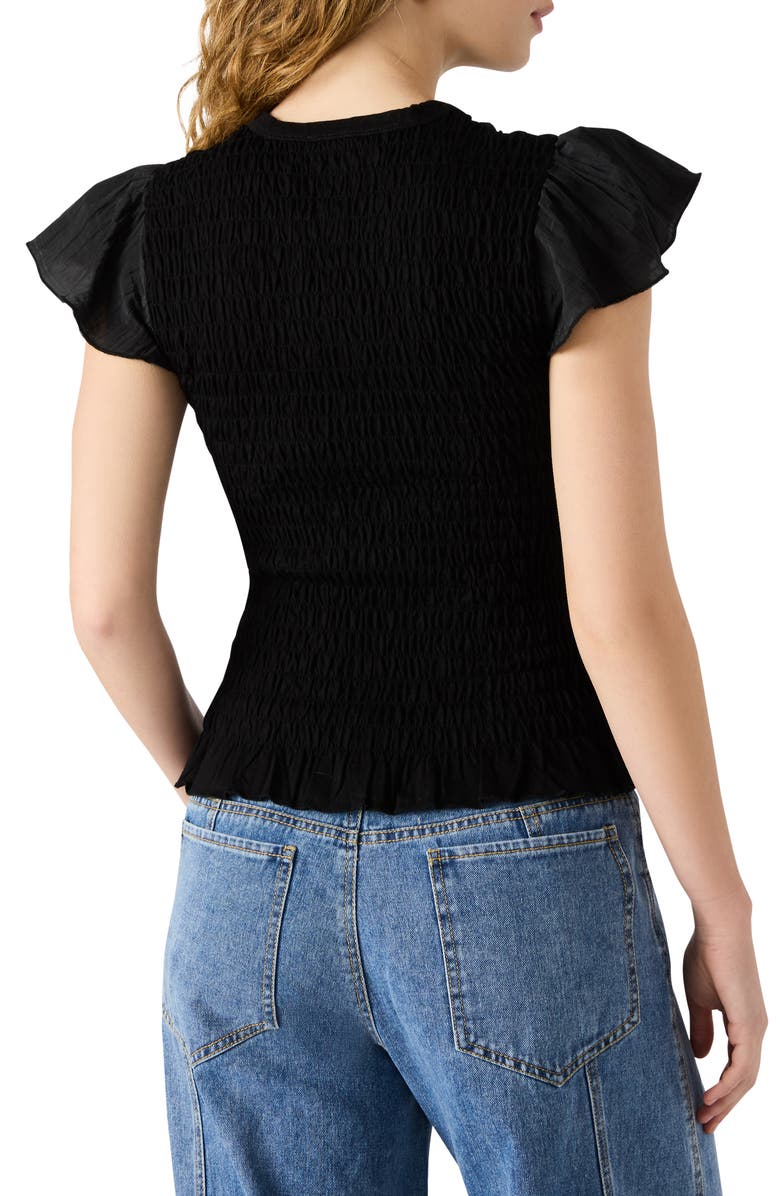 Steve Madden Cecilie Smocked Ruffle Cotton Sleeve Top, Alternate, color, Black