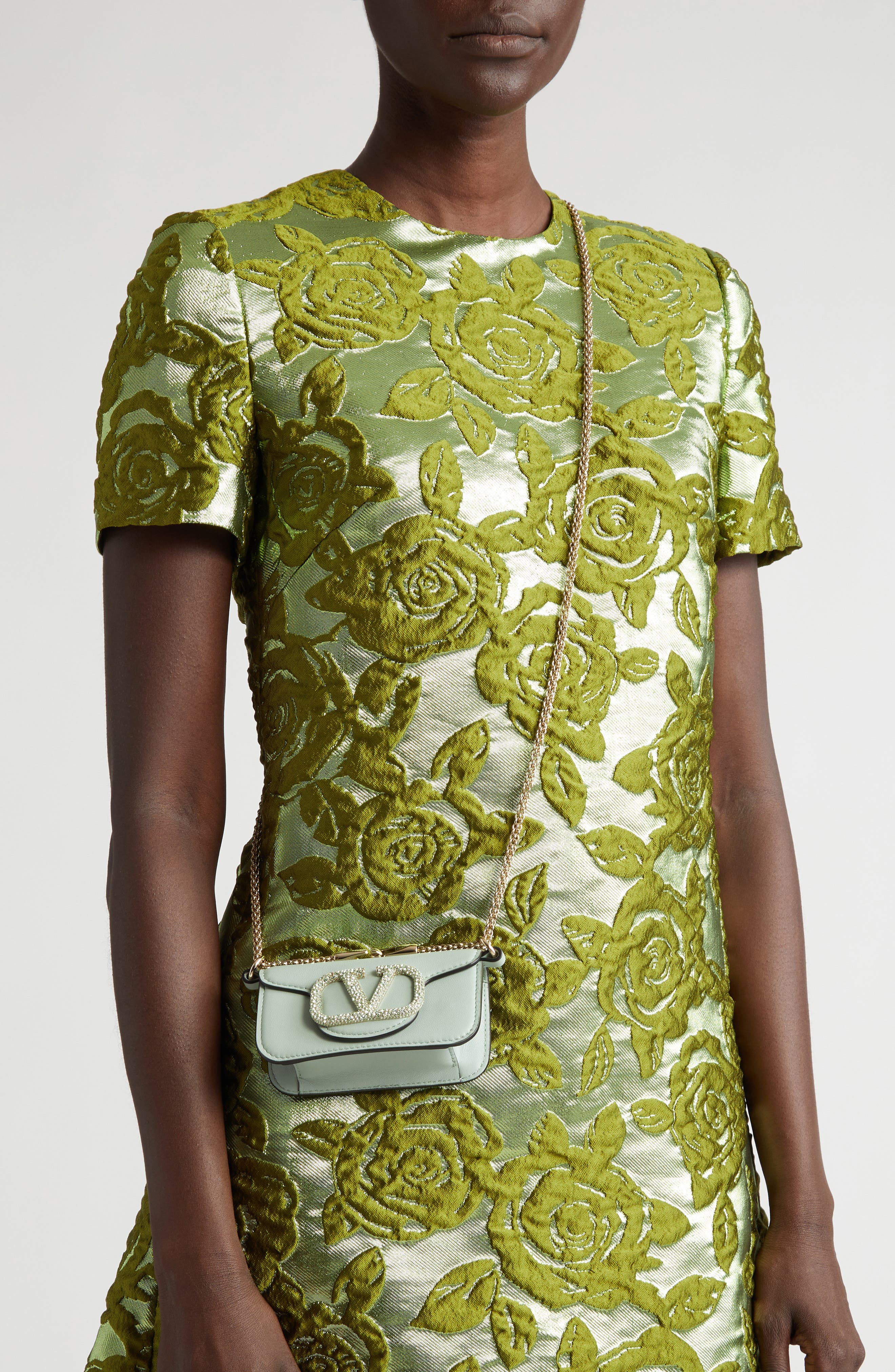 Valentino Garavani Mini Locò Crystal Logo Leather Shoulder Bag, Alternate, color, Water Green/ Crisolite