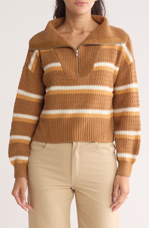 Quarter Zip Striped Dropped Shoulder Sweater