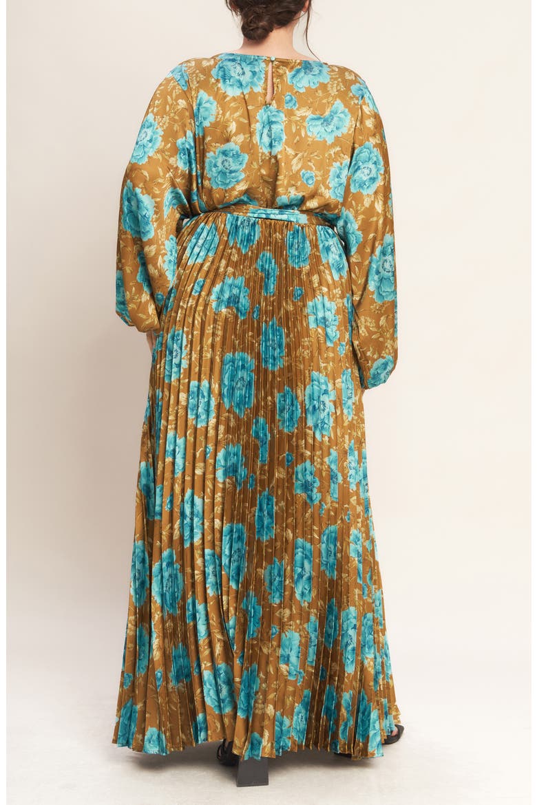Floral Long Sleeve Pleated Maxi Dress, Alternate, color, DIJON
