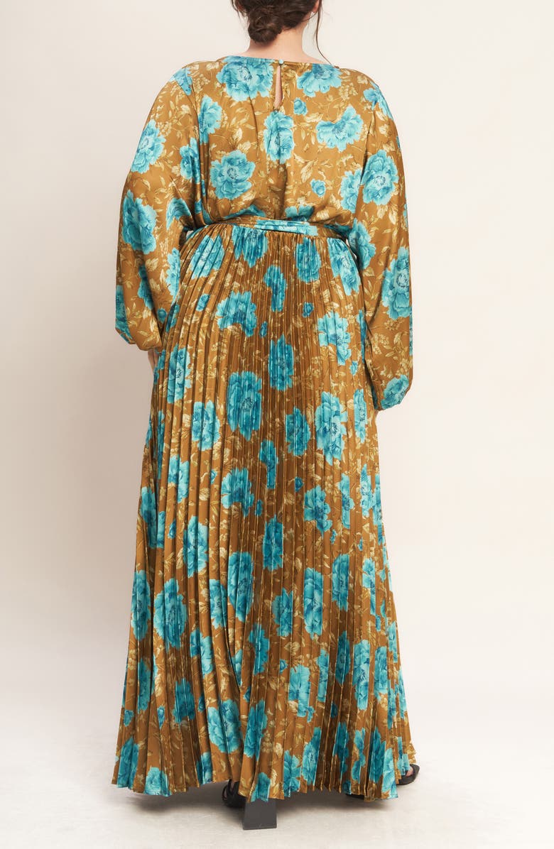 FLYING TOMATO Floral Long Sleeve Pleated Maxi Dress, Alternate, color, Dijon