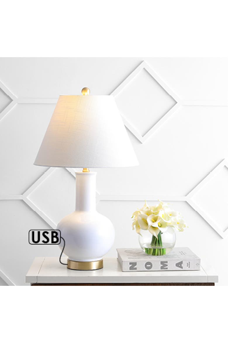 Han 27" Ceramic/Iron Contemporary USB Charging LED Table Lamp, White/Brass Gold, Alternate, color, White/Brass Gold