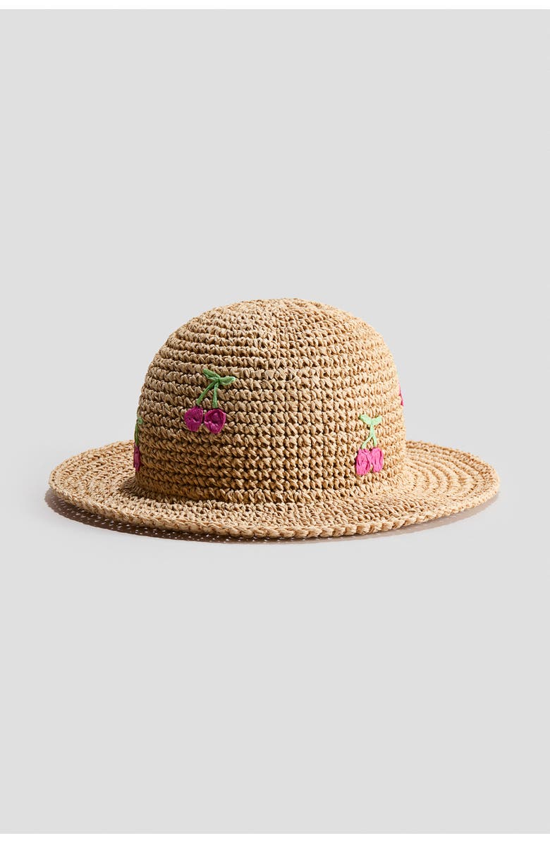 H&M Appliquéd Straw Hat, Main, color, Beige/Cherries