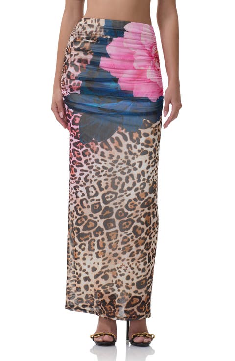 Bevin Printed Ruched Mesh Maxi Skirt