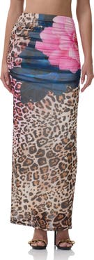 AFRM Bevin Printed Ruched Mesh Maxi Skirt