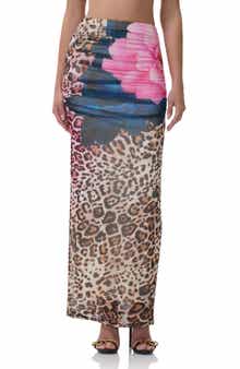 AFRM Bevin Printed Ruched Mesh Maxi Skirt