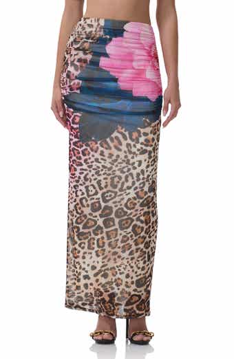AFRM Bevin Printed Ruched Mesh Maxi Skirt