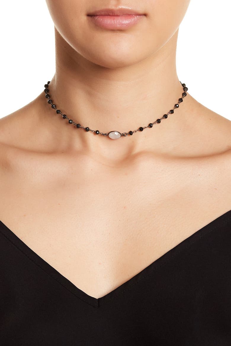 Sterling Silver Moonstone & Black Spinel Beaded Choker Necklace, Main, color, BLACK