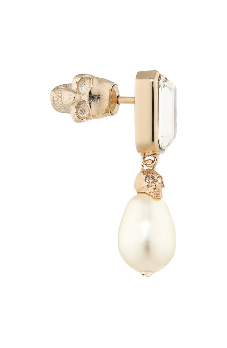 McQueen Crystal & Faux Pearl Skull Drop Earrings, Alternate, color, Gold/Pearl
