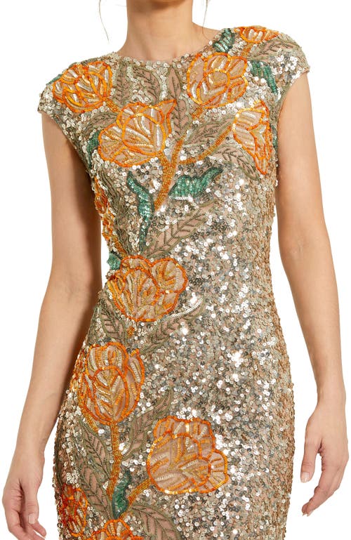 Mac Duggal Fitted Short Sleeve Gown With Floral Beading In Gold Multi