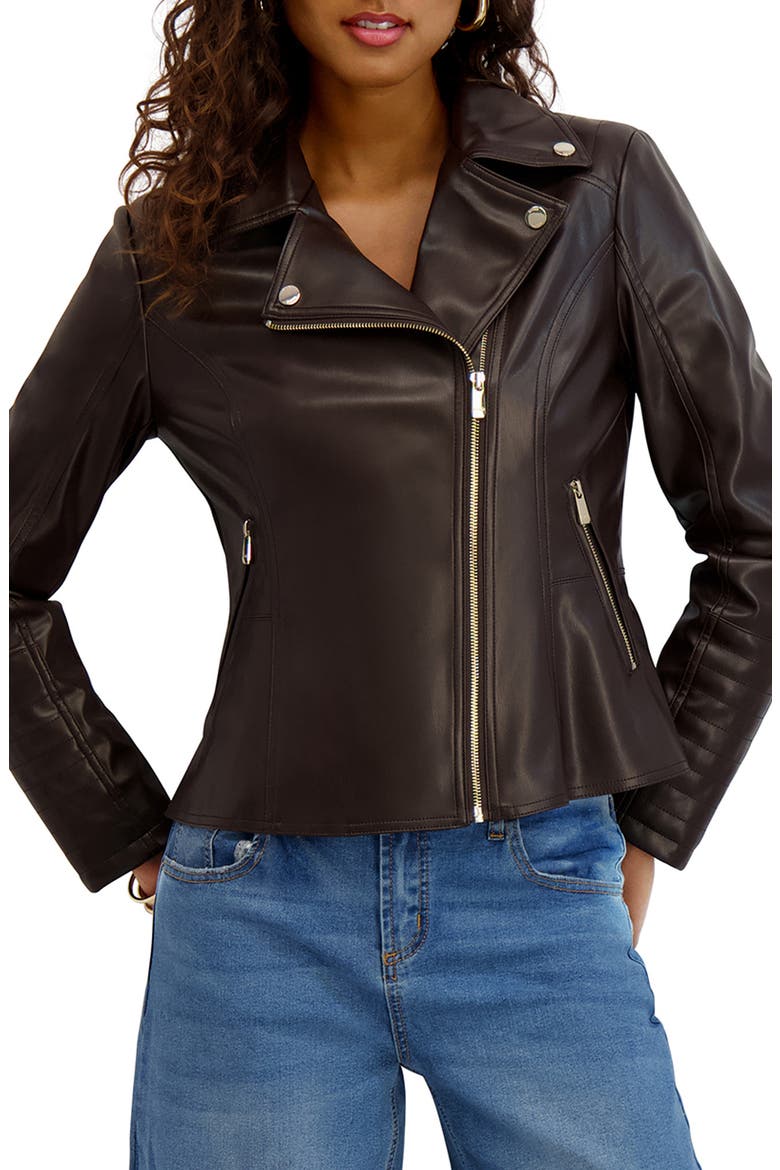 Peplum Back Faux Lether Moto Jacket, Main, color, CHOCOLATE