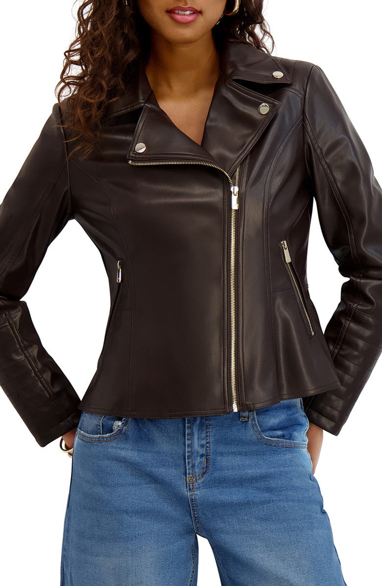 Kensie Peplum Back Faux Lether Moto Jacket, Main, color, Chocolate