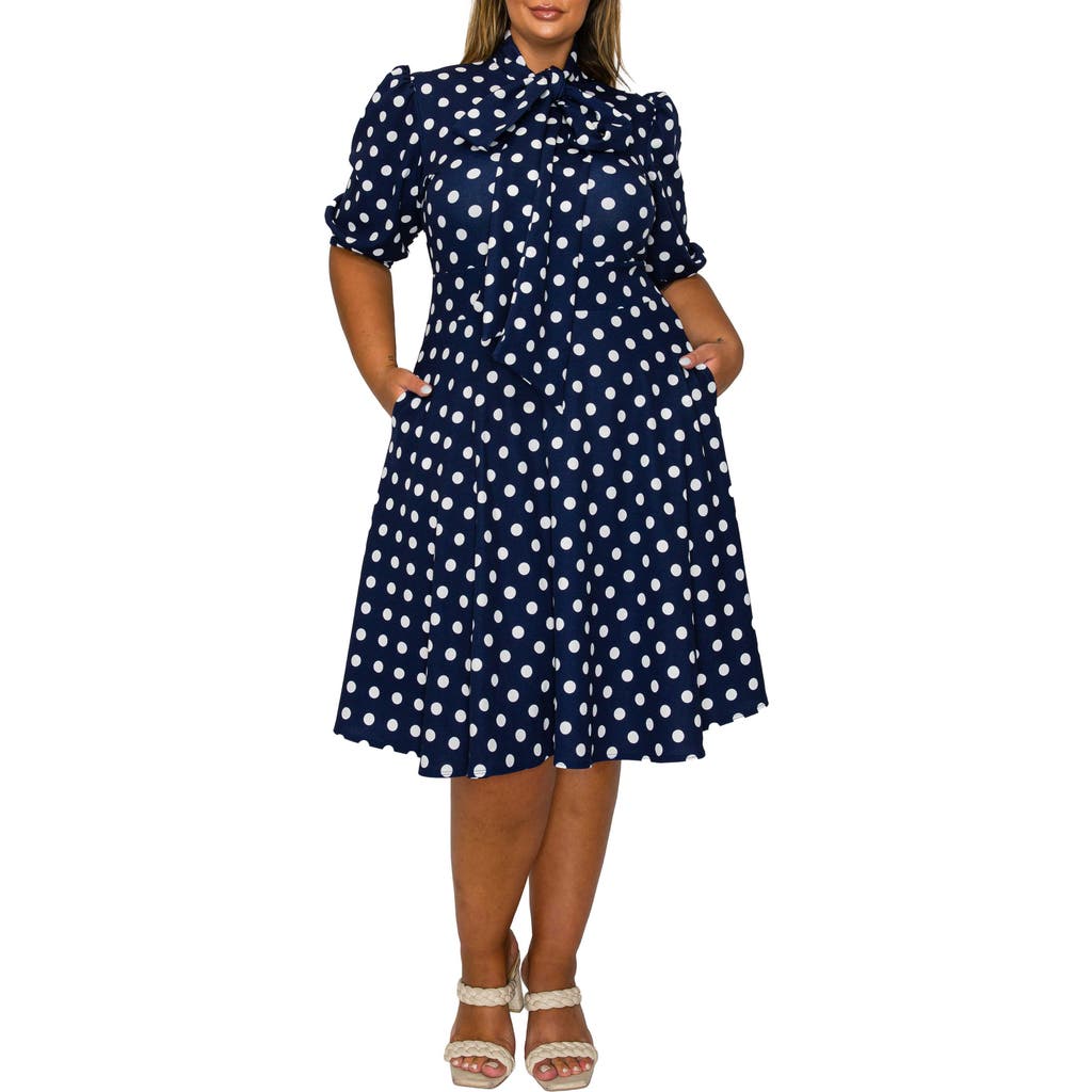 L I V D Breken Tie Neck Flare Dress In Blue