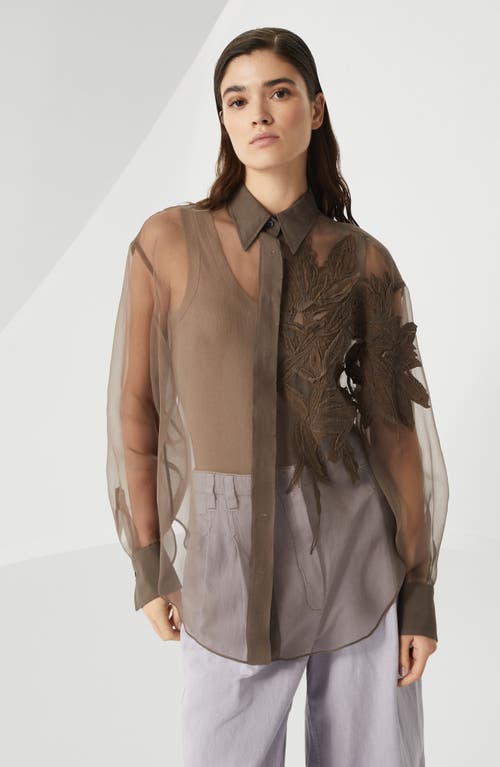 Brunello Cucinelli Laser Cut Crispy Silk Chiffon Blouse In Brown
