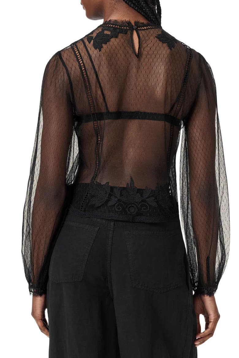 Cesca Embroidered Sheer Mock Neck Top, Alternate, color, BLACK
