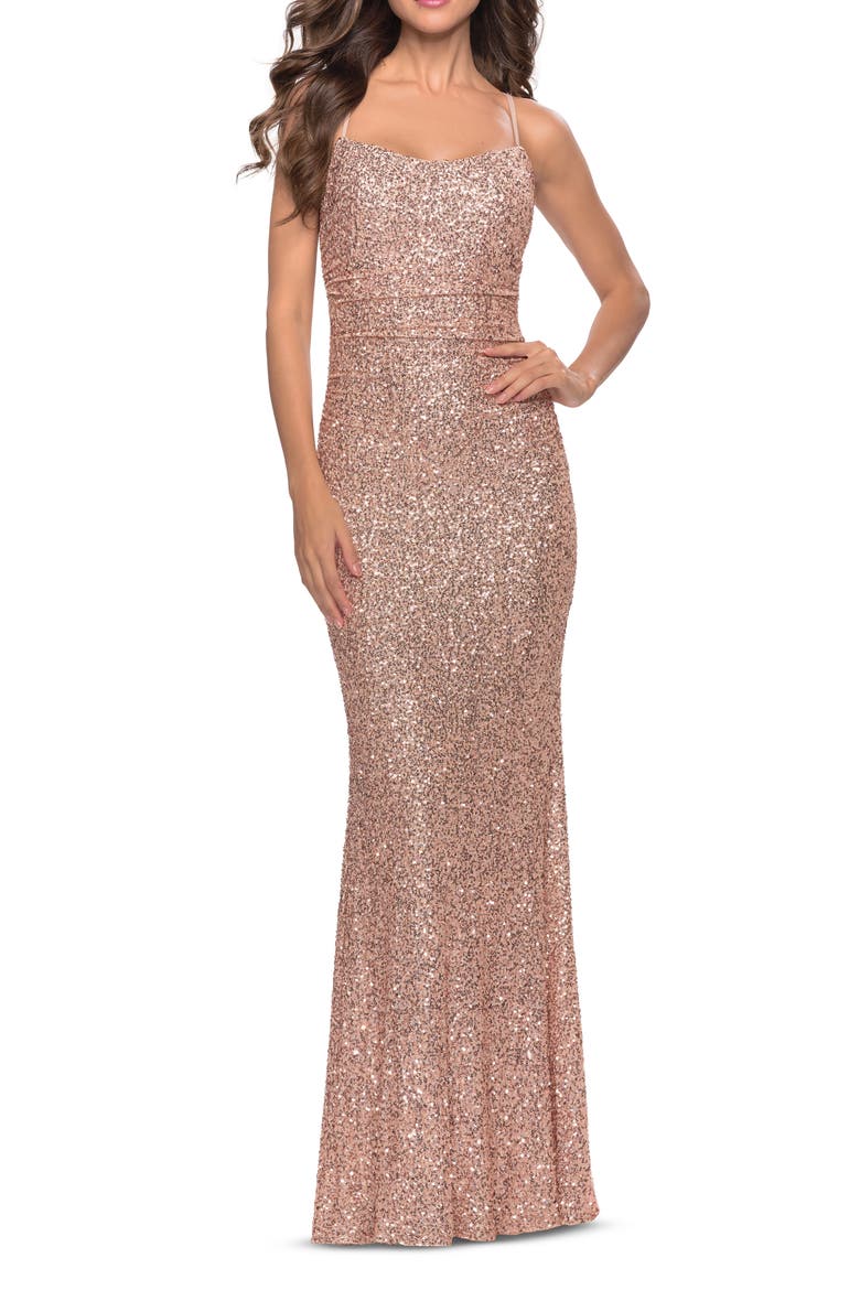 Chic Soft Sequin Stretch Dress with Open Back, Main, color, Rose Gold