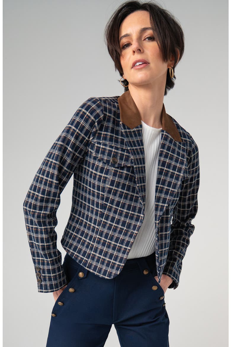 Cropped Tartan Blazer, Alternate, color, NAVY/ MULTI TARTAN