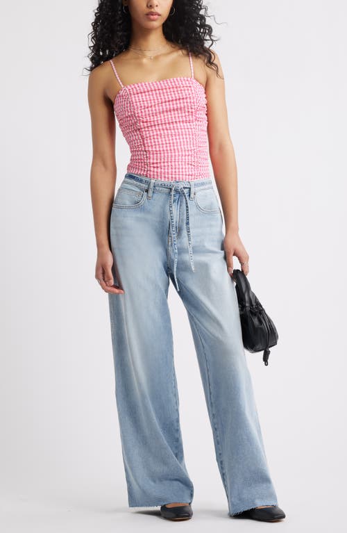 Bp. Ruched Gingham Camisole In Pink Butterfly Gingham