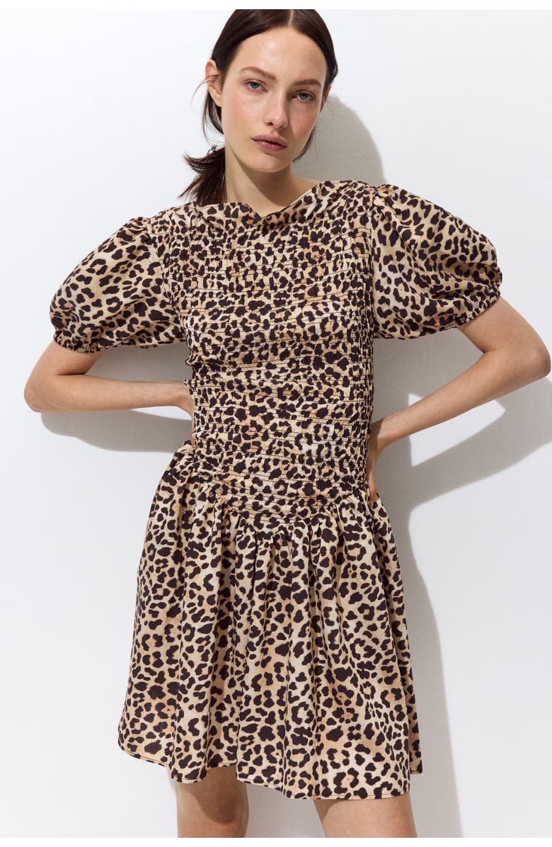H&M Smocked-bodice Dress, Alternate, color, Light Beige/Leopard Print