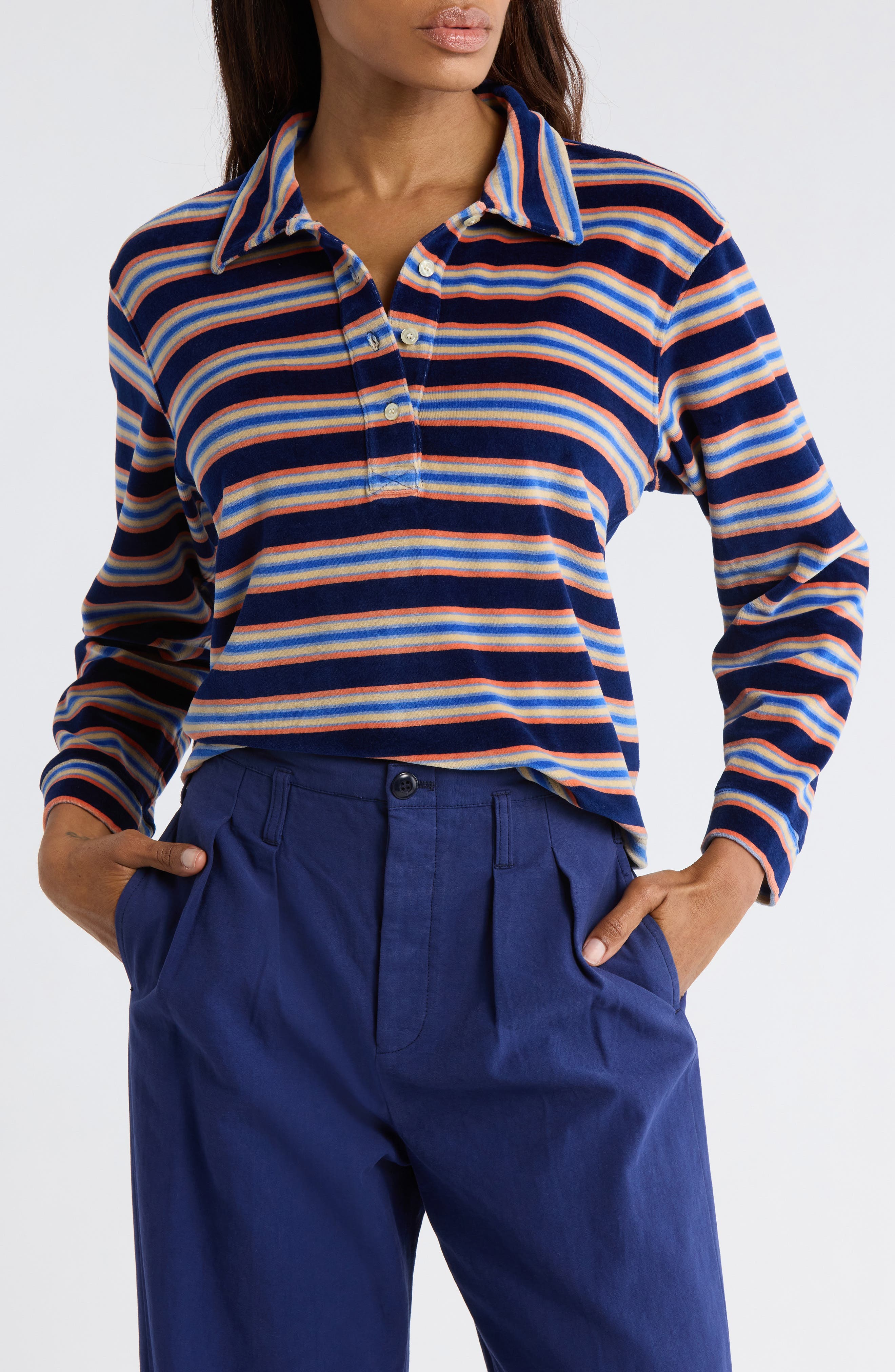 THE GREAT. The Velour Rugby Crop Sweatshirt